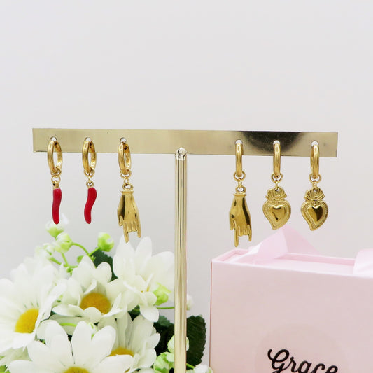 MEGA LUCKY Set 3 paia 6 orecchini - ACCIAIO INOSSIDABILE - 3 paia Orecchini pendenti con cornetto, cuore sacro e pendenti scaramentici