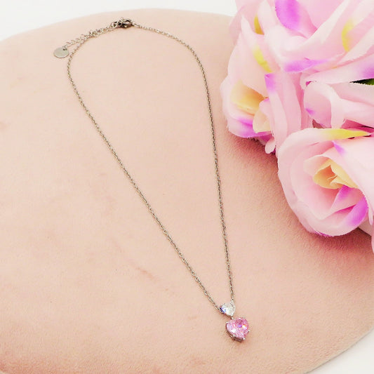 Cherie pink heart - ACCIAIO INOSSIDABILE- Collana con pendente cuori in cubic zirconia