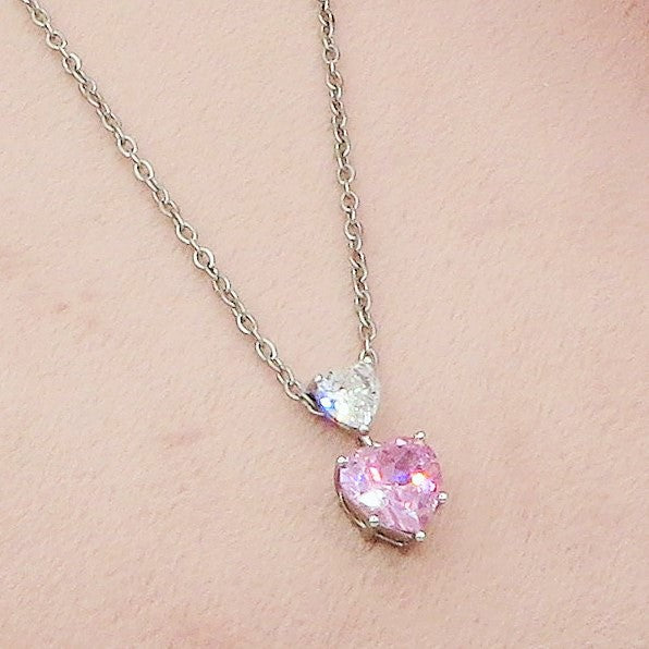 Cherie pink heart - ACCIAIO INOSSIDABILE- Collana con pendente cuori in cubic zirconia