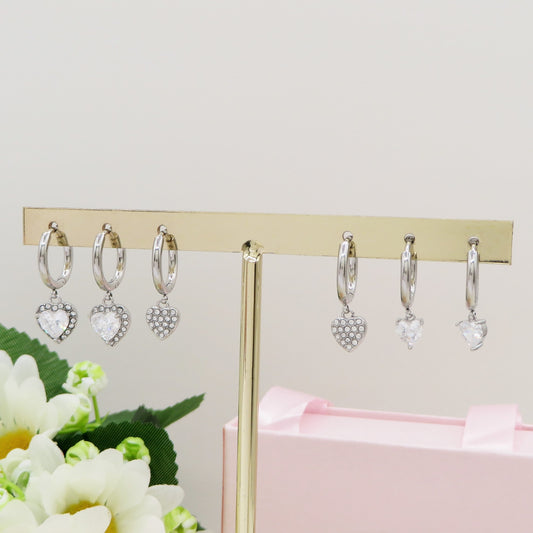 GEMMA Set 3 paia 6 orecchini - ACCIAIO INOSSIDABILE - 3 paia 6 Orecchini pendenti con cuori zirconati cubic zirconia