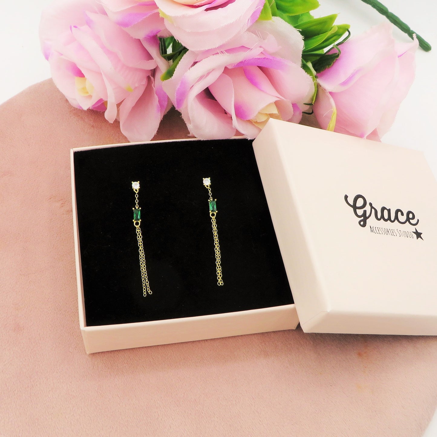 LILLIAN ~ paio Orecchini ARGENTO 925 filo pendenti con zircone baguette