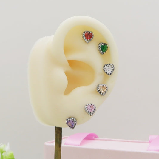 GEMMA SET 6 ORECCHINI Lobo acciaio inossidabile ~ 6 PZ ~ Orecchini a lobo con zirconi a forma cuore