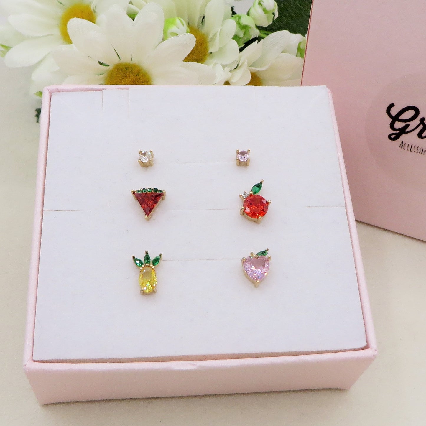 FRUIT SALAD SET 6 ORECCHINI Lobo acciaio inossidabile ~ 6 PZ ~ Orecchini a lobo con zirconi a forma frutta