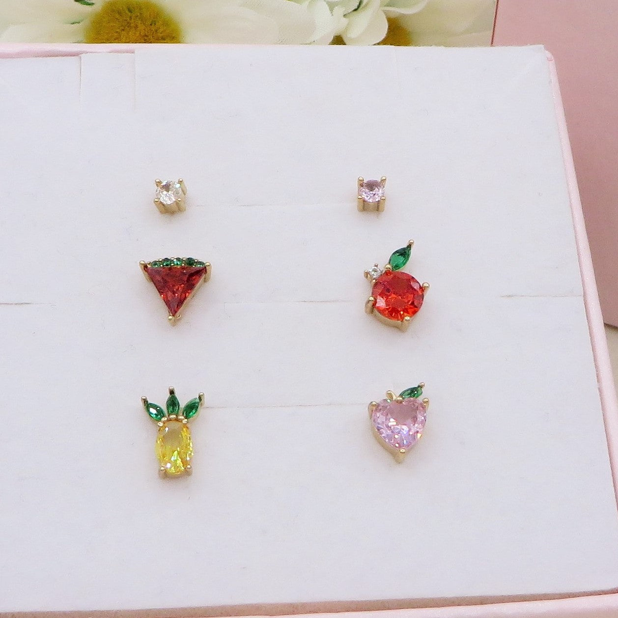 FRUIT SALAD SET 6 ORECCHINI Lobo acciaio inossidabile ~ 6 PZ ~ Orecchini a lobo con zirconi a forma frutta