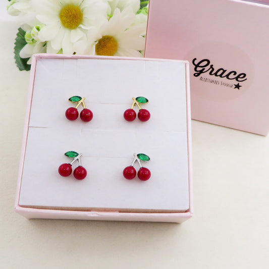 MINI CHERRIES ~ Orecchini Ciliegie a lobo in ACCIAIO inossidabile + cubic zirconia