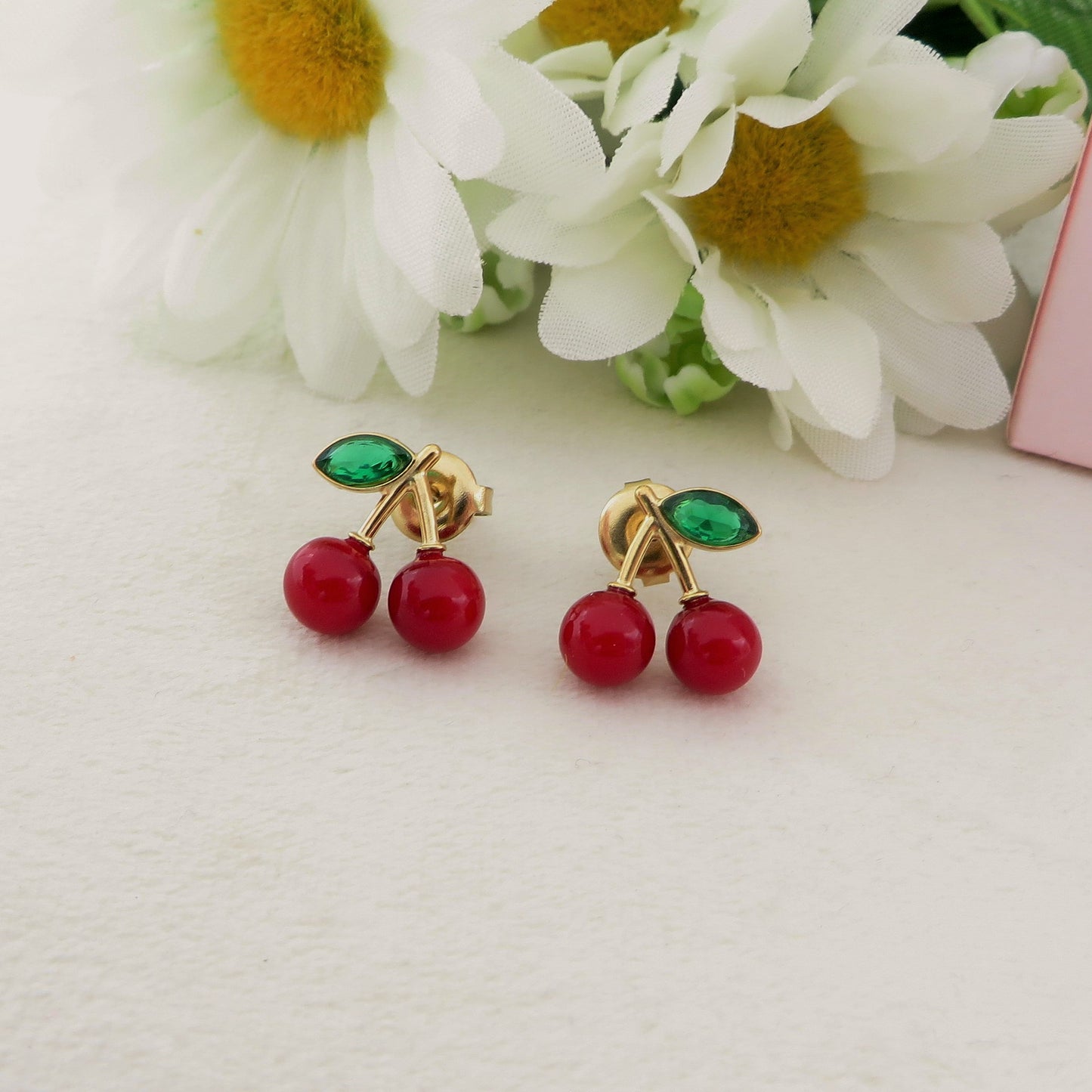 MINI CHERRIES ~ Orecchini Ciliegie a lobo in ACCIAIO inossidabile + cubic zirconia