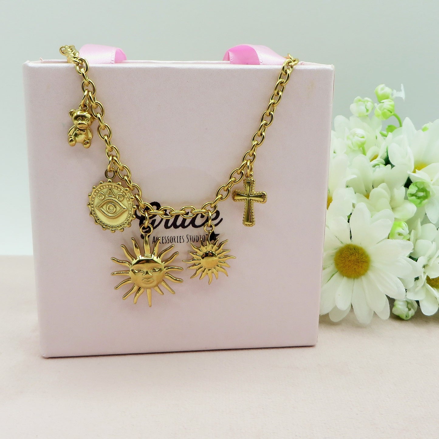 YOU'RE MY SUN - Bracciale con sole. orsetti, croci pendenti charms ACCIAIO INOSSIDABILE