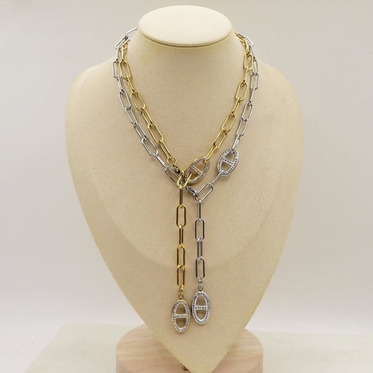 ANDROMEDA - ACCIAIO INOSSIDABILE- Collana cravattina in catena paper clip con cubic zirconia