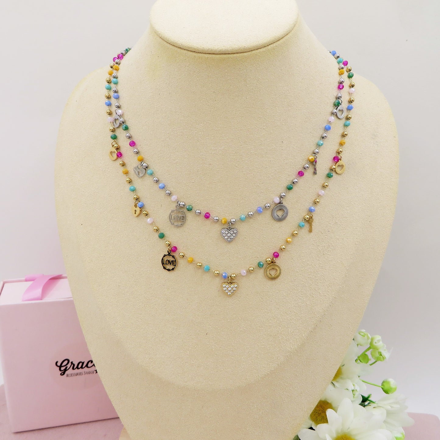 SOPHIE collana ~ ACCIAIO INOSSIDABILE ~ Collana con charms e cristalli