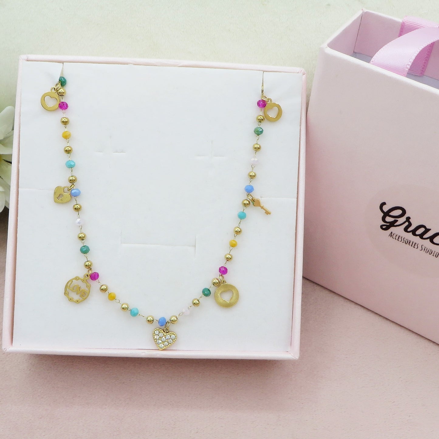 SOPHIE collana ~ ACCIAIO INOSSIDABILE ~ Collana con charms e cristalli