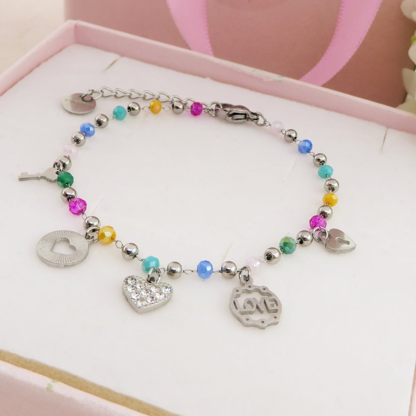 SOPHIE Bracciale ~ ACCIAIO INOSSIDABILE ~ Bracciale con charms e cristalli