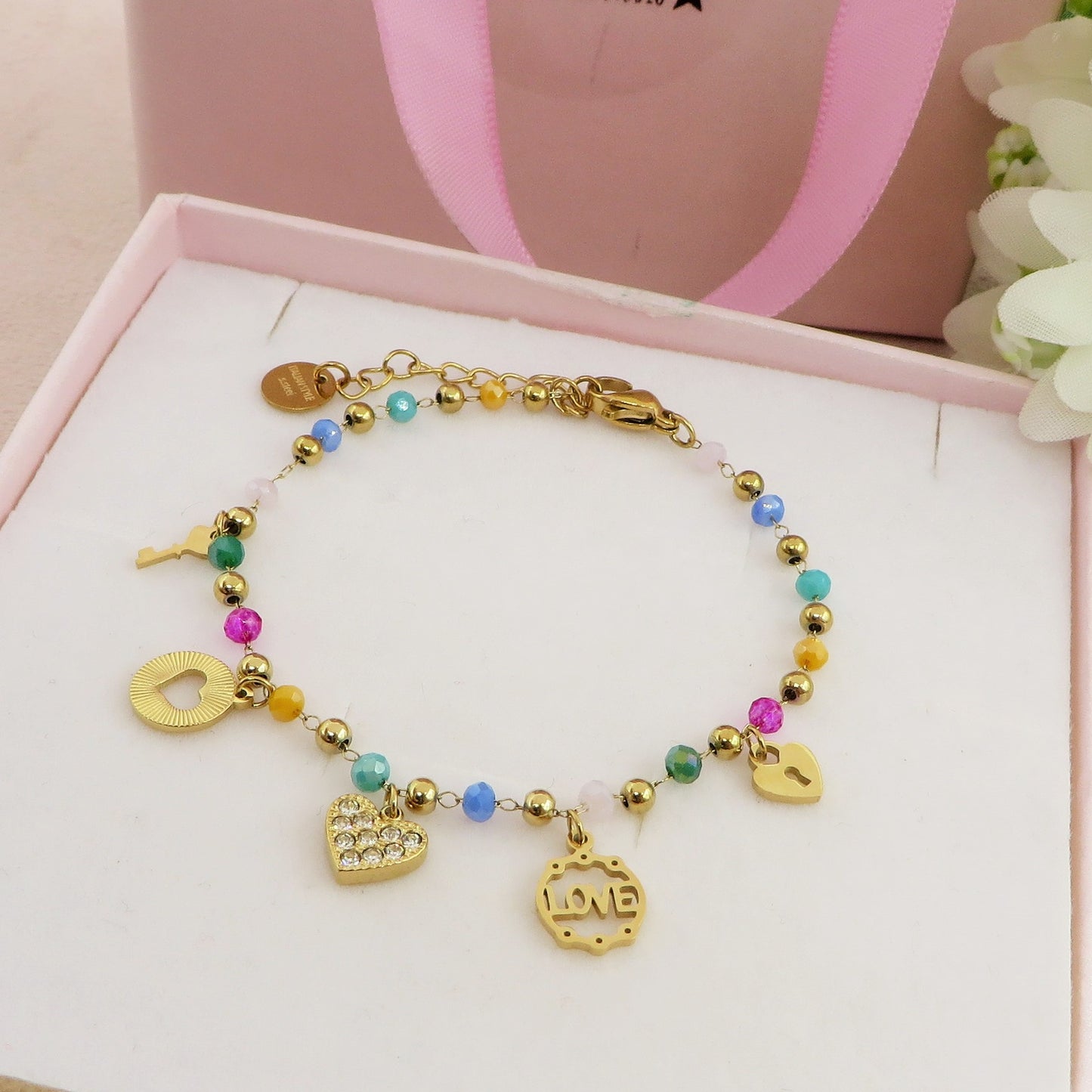 SOPHIE Bracciale ~ ACCIAIO INOSSIDABILE ~ Bracciale con charms e cristalli
