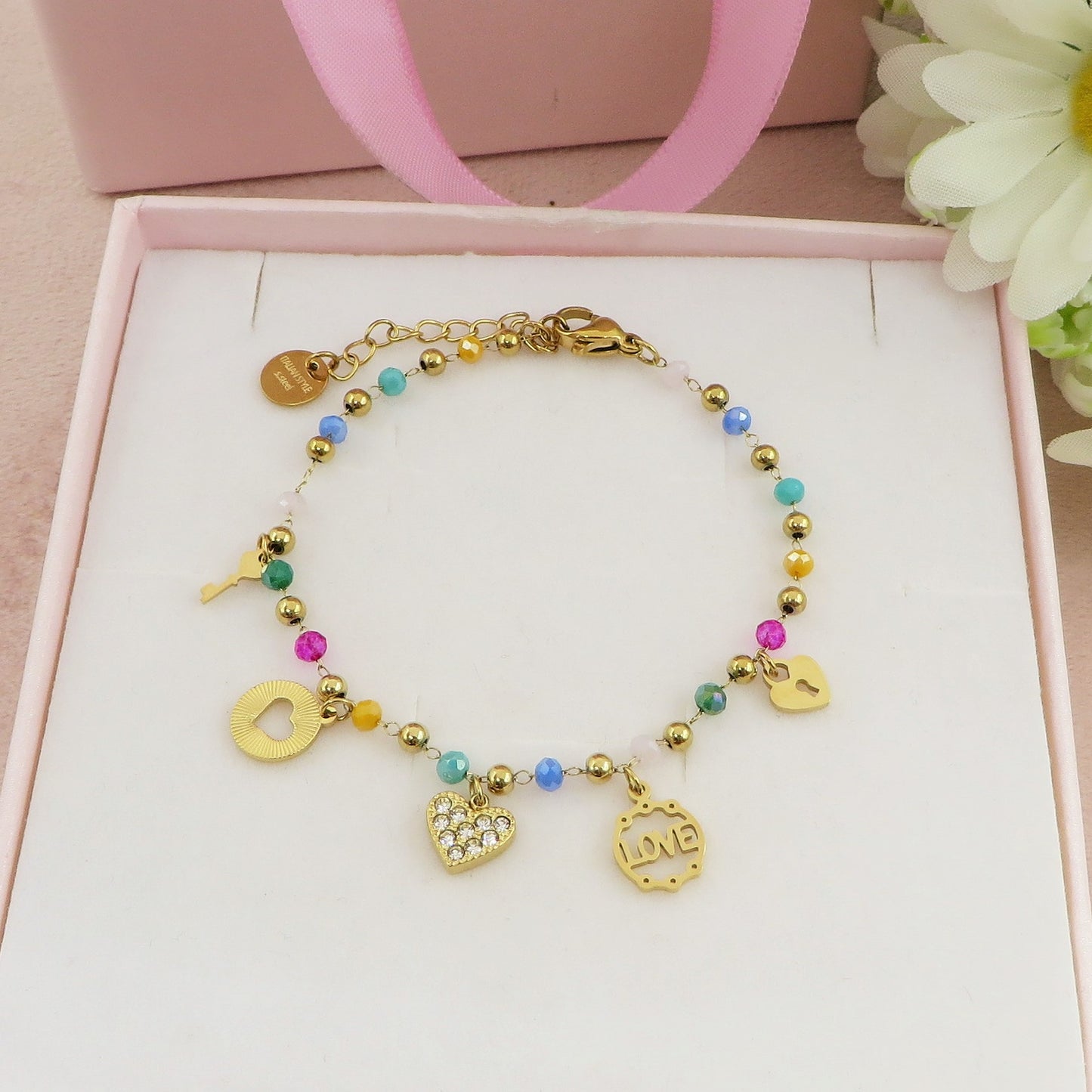 SOPHIE Bracciale ~ ACCIAIO INOSSIDABILE ~ Bracciale con charms e cristalli