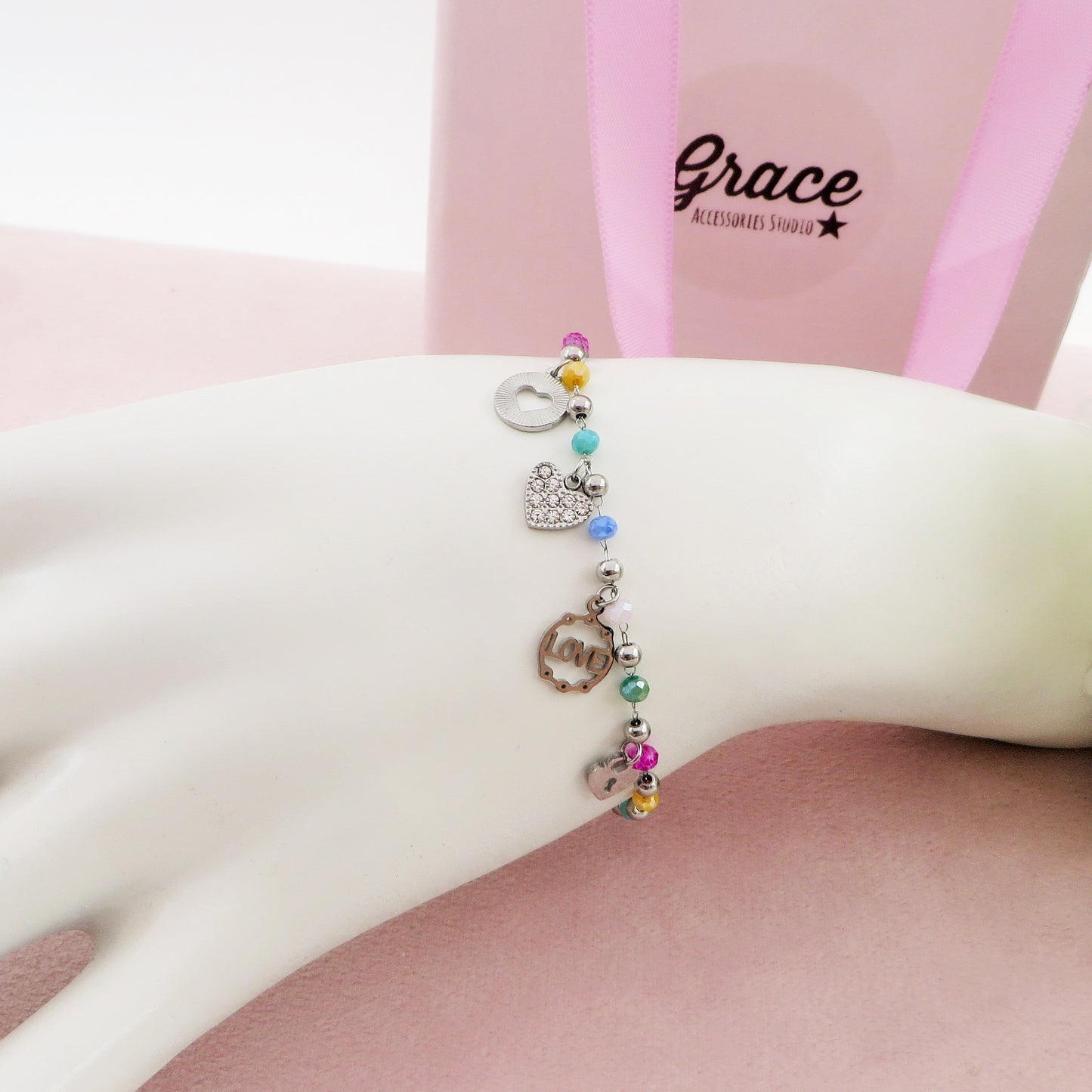 SOPHIE Bracciale ~ ACCIAIO INOSSIDABILE ~ Bracciale con charms e cristalli