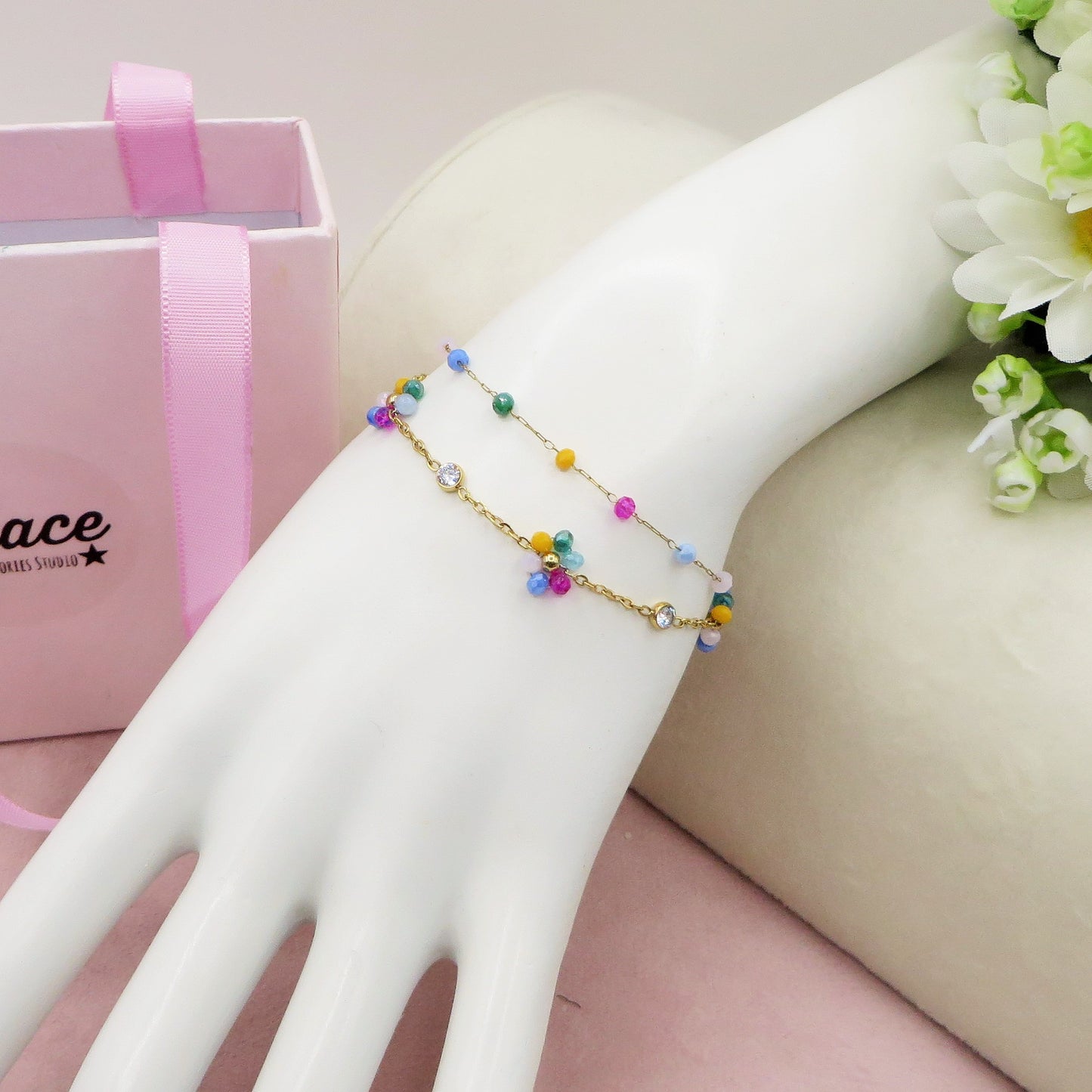 DAISY Double ~ ACCIAIO INOSSIDABILE ~ Bracciale DOPPIO con fiori e cristalli