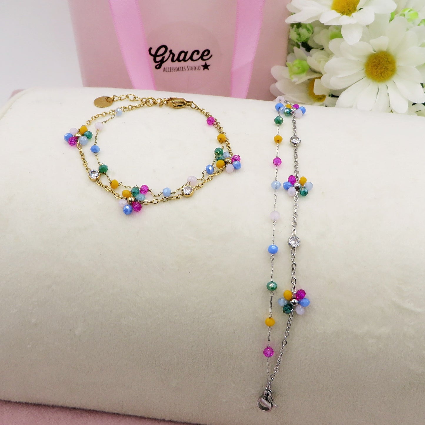 DAISY Double ~ ACCIAIO INOSSIDABILE ~ Bracciale DOPPIO con fiori e cristalli