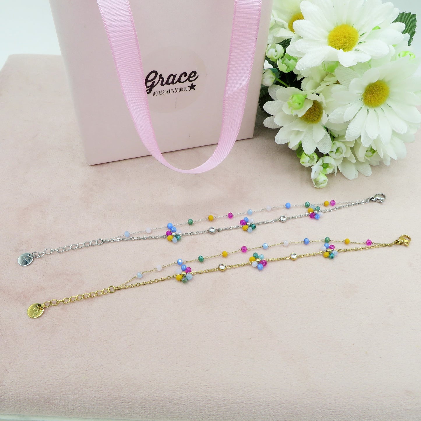 DAISY Double ~ ACCIAIO INOSSIDABILE ~ Bracciale DOPPIO con fiori e cristalli