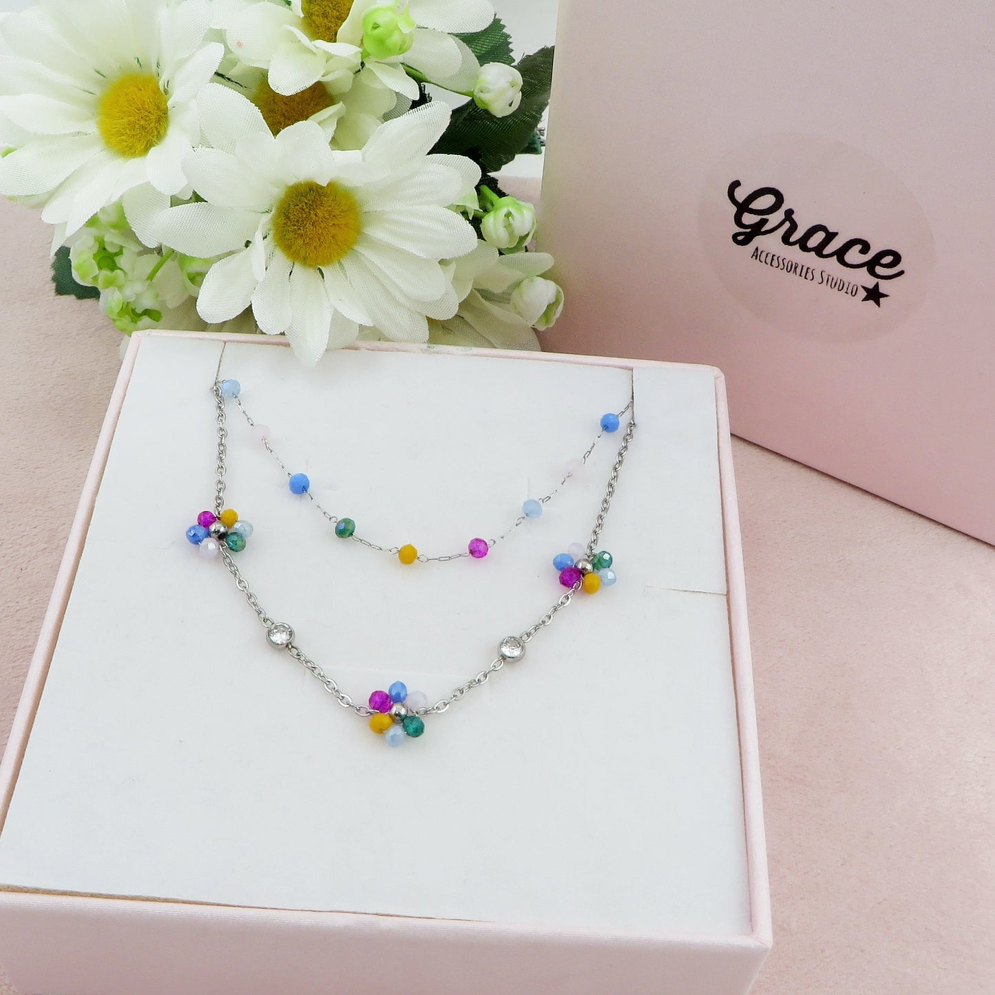 DAISY Double ~ ACCIAIO INOSSIDABILE ~ Bracciale DOPPIO con fiori e cristalli