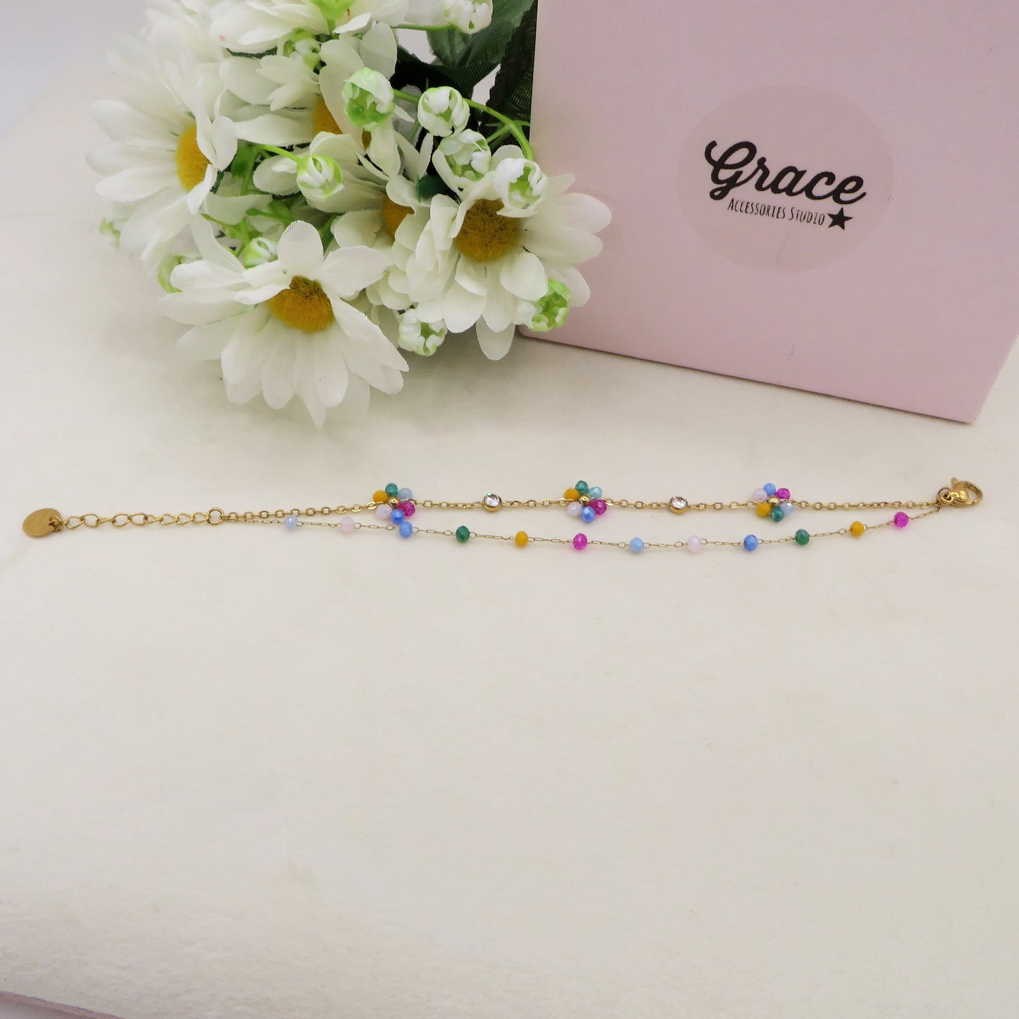 DAISY Double ~ ACCIAIO INOSSIDABILE ~ Bracciale DOPPIO con fiori e cristalli