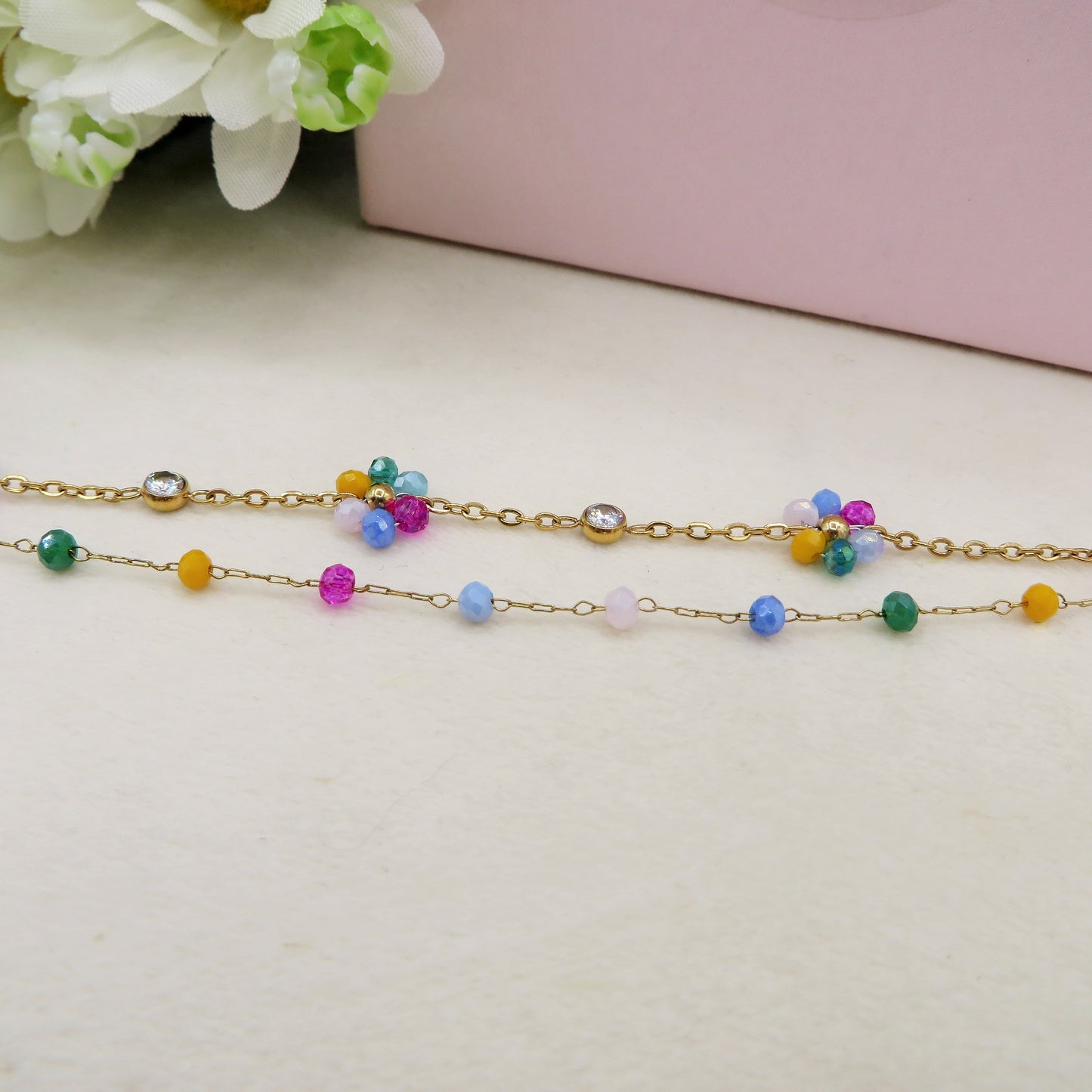 DAISY Double ~ ACCIAIO INOSSIDABILE ~ Bracciale DOPPIO con fiori e cristalli