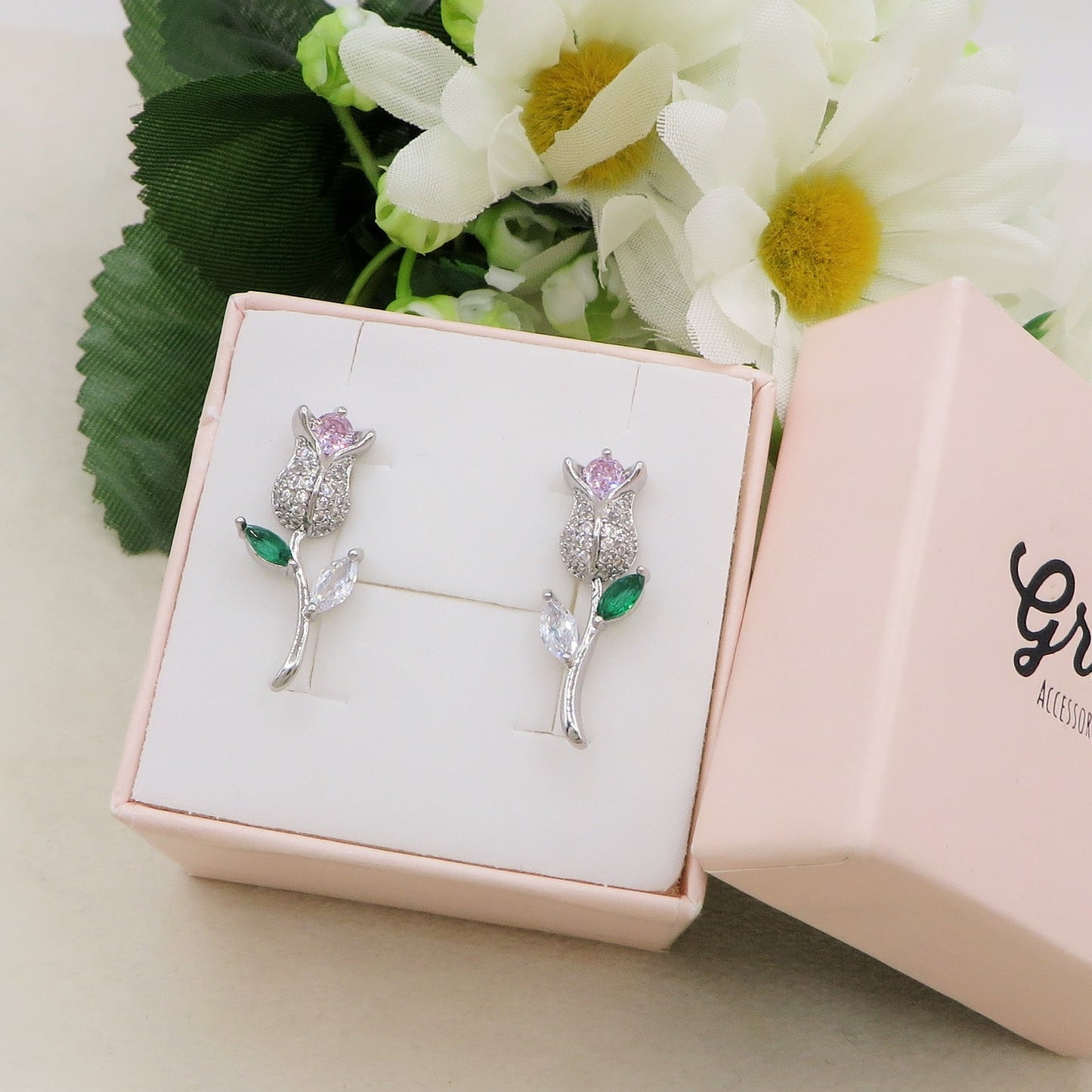 LIFE ROSE SHINE ~ Orecchini floreali a rosa in Cubic Zirconia