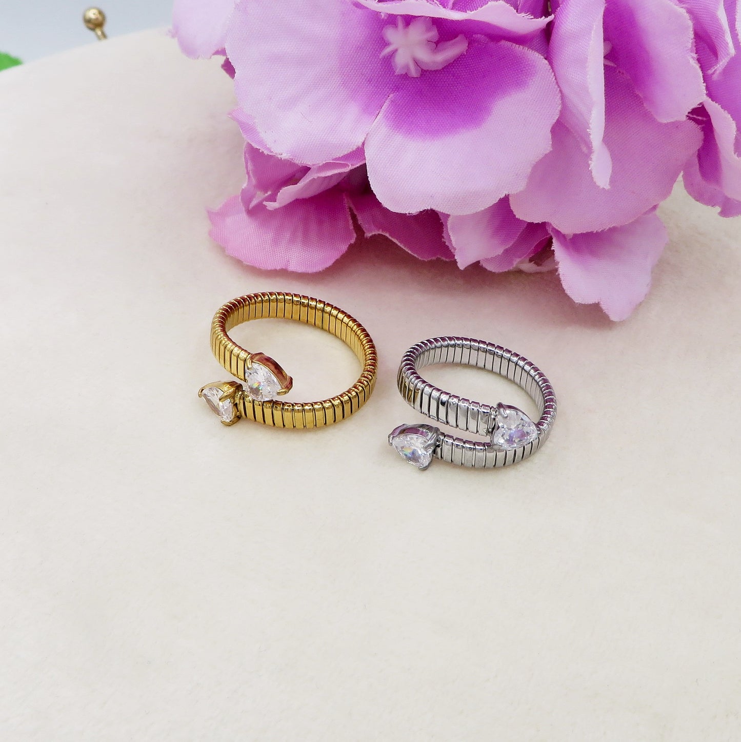 CASSANDRA hearts ~ Anello tubogas regolabile in ACCIAIO INOSSIDABILE + cubic zirconia