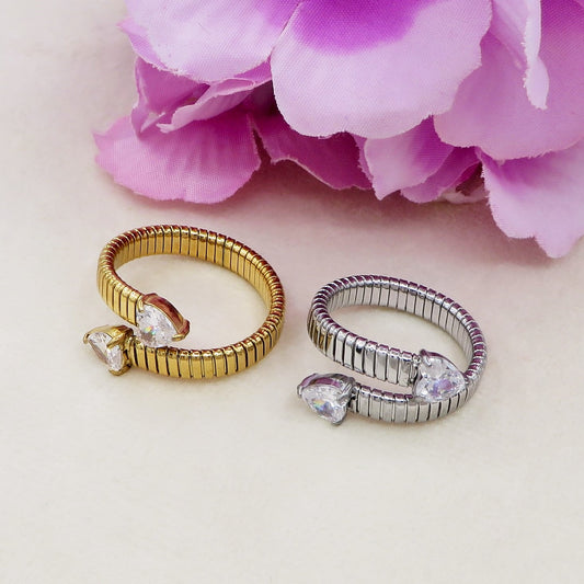 CASSANDRA hearts ~ Anello tubogas regolabile in ACCIAIO INOSSIDABILE + cubic zirconia
