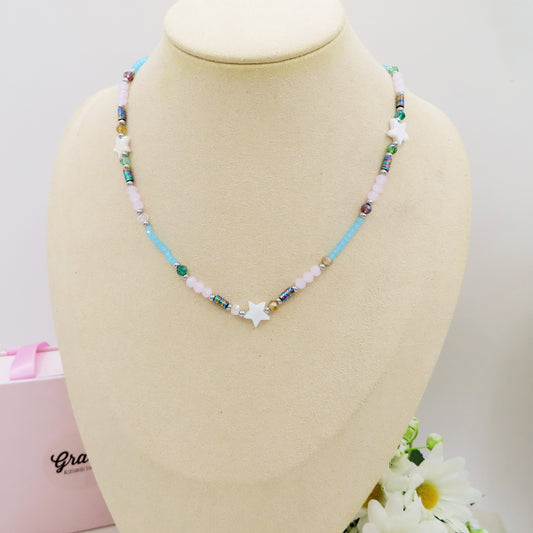 NOA STAR - Collana perline Madreperla naturale cristallo e ACCIAIO inossidabile colori brillanti