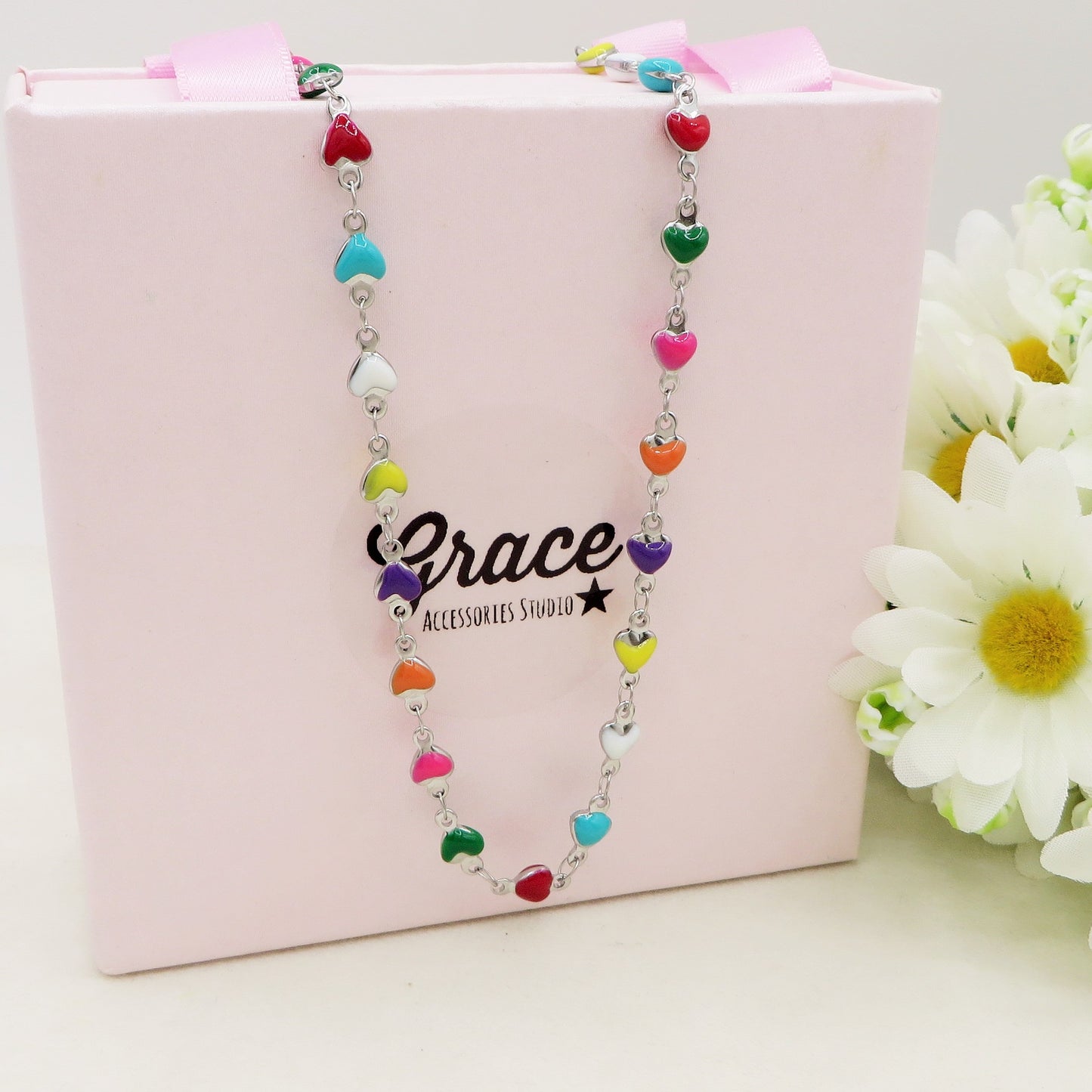 TAHITI~ SILVER Collana ACCIAIO INOSSIDABILE con cuori smaltati