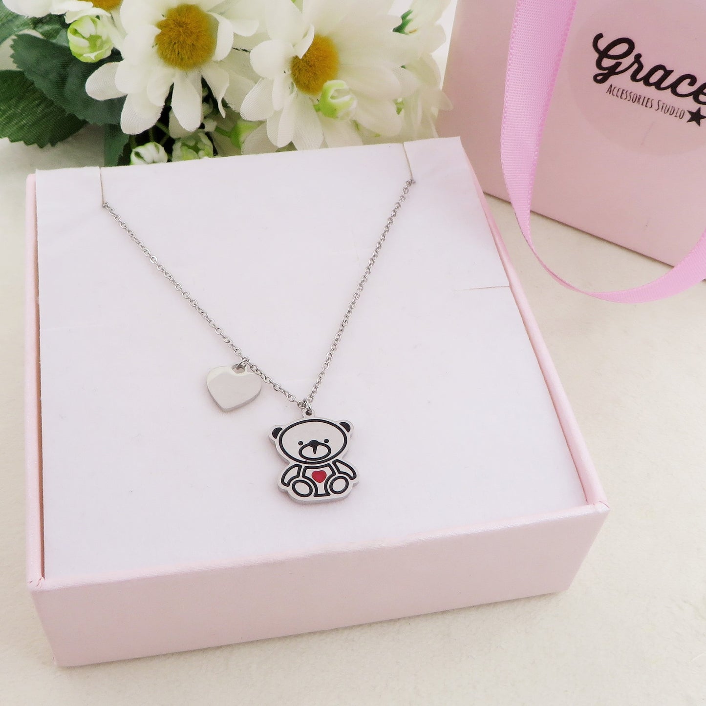 TRIXIE - Collana teddy pendente orsetto in Acciaio inossidabile + cuoricino
