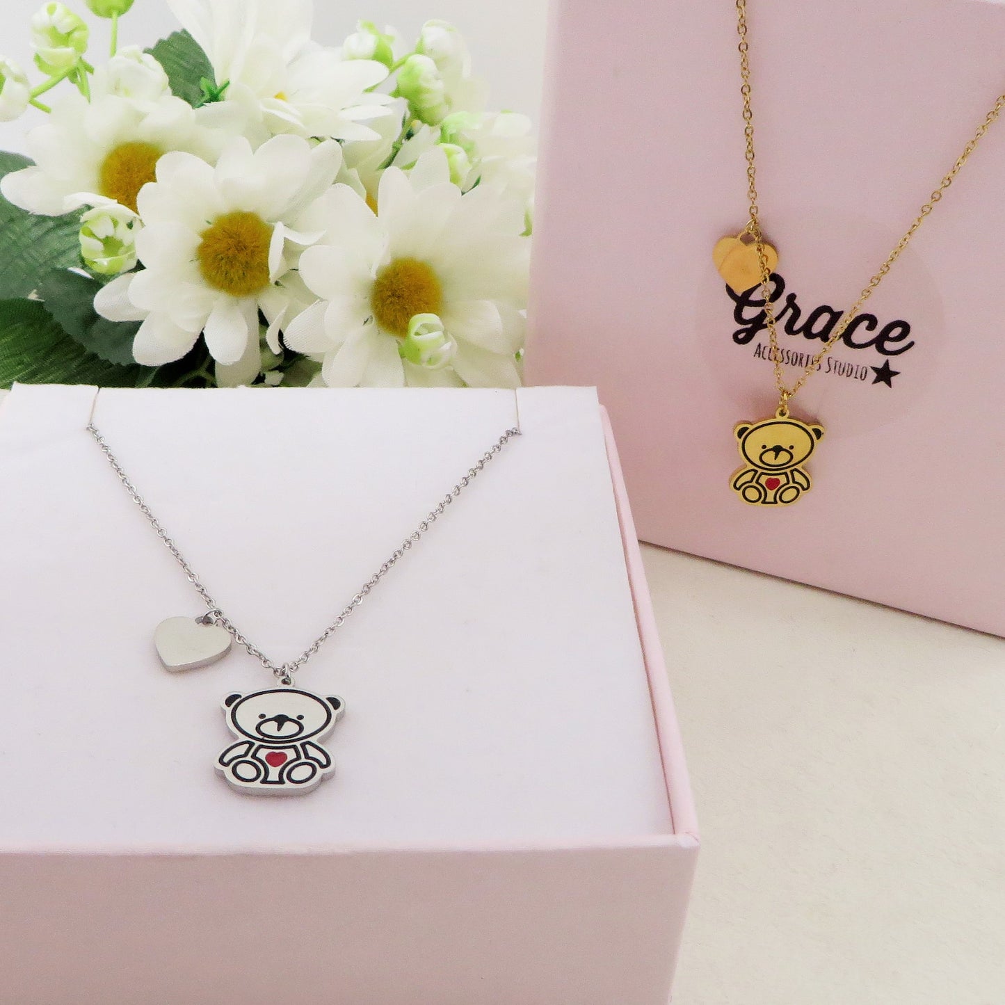 TRIXIE - Collana teddy pendente orsetto in Acciaio inossidabile + cuoricino