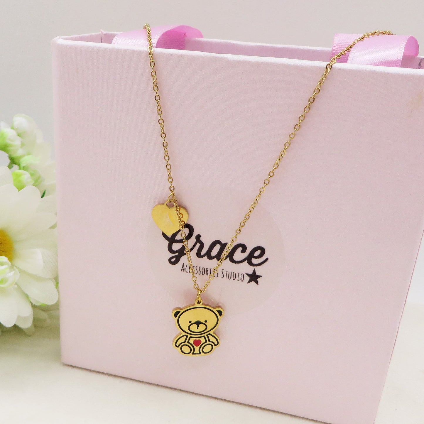 TRIXIE - Collana teddy pendente orsetto in Acciaio inossidabile + cuoricino