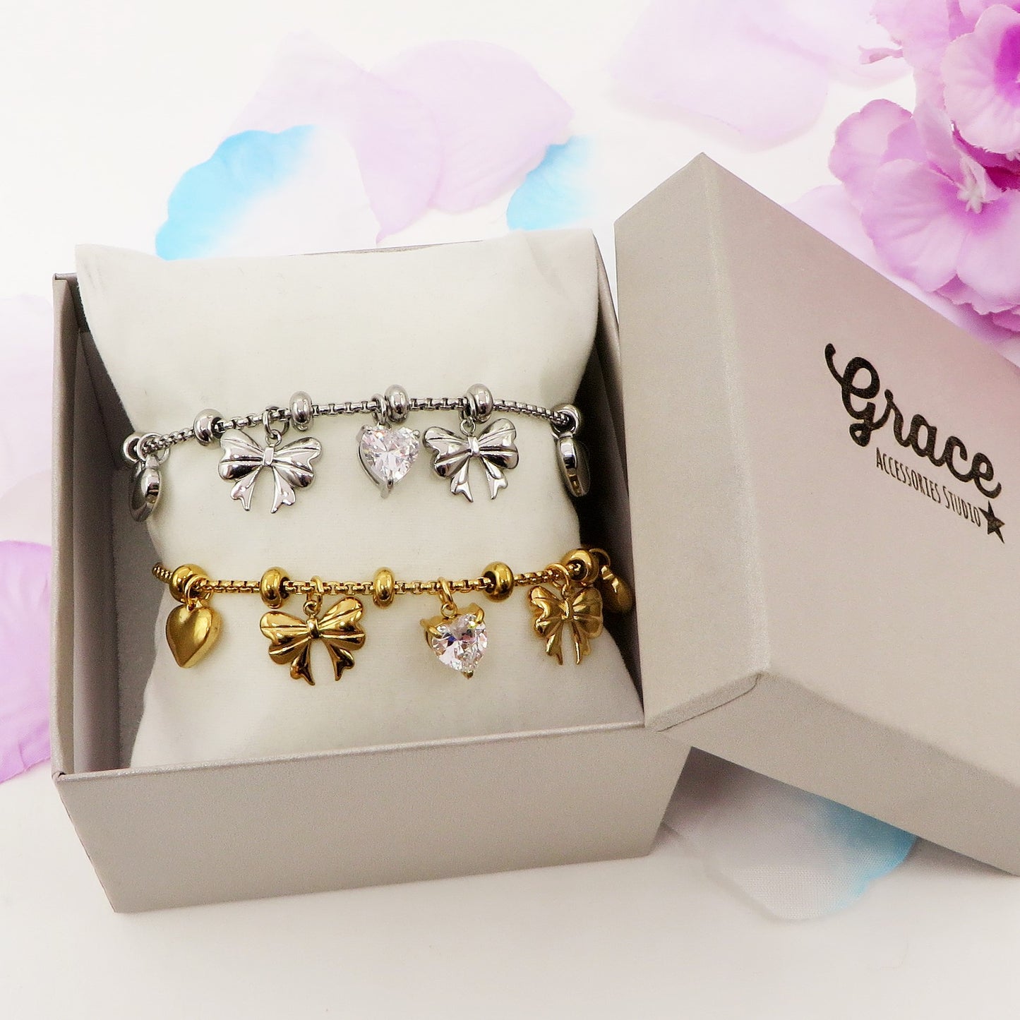 WALDORF - Bracciale con fiocchi e cuori pendenti bombe' ACCIAIO INOSSIDABILE