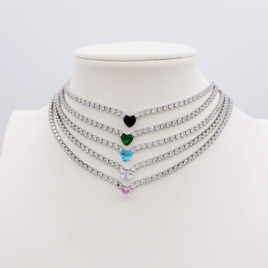 AURORA ~ ACCIAIO INOSSIDABILE - Choker tennis in cubic zirconia con cuore centrale
