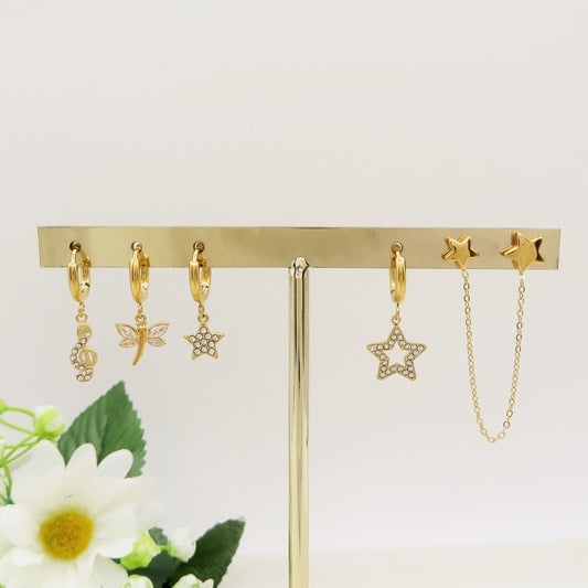 STARS Set 6 orecchini - ACCIAIO INOSSIDABILE - 6 Orecchini pendenti stelline zirconate con cubic zirconia