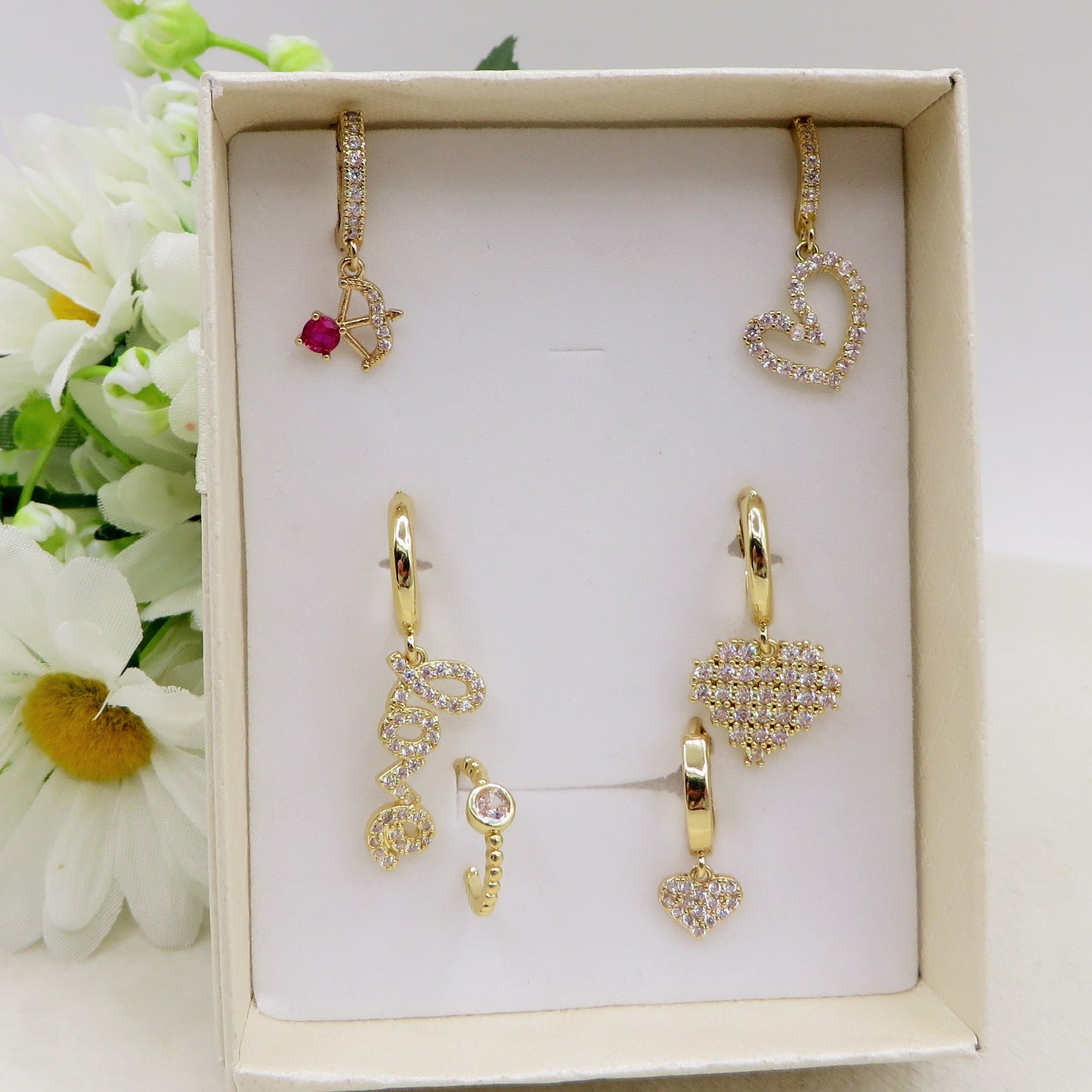 Crystal HEART Set - 6 Orecchini pendenti in cubic zirconia a forma di cuore