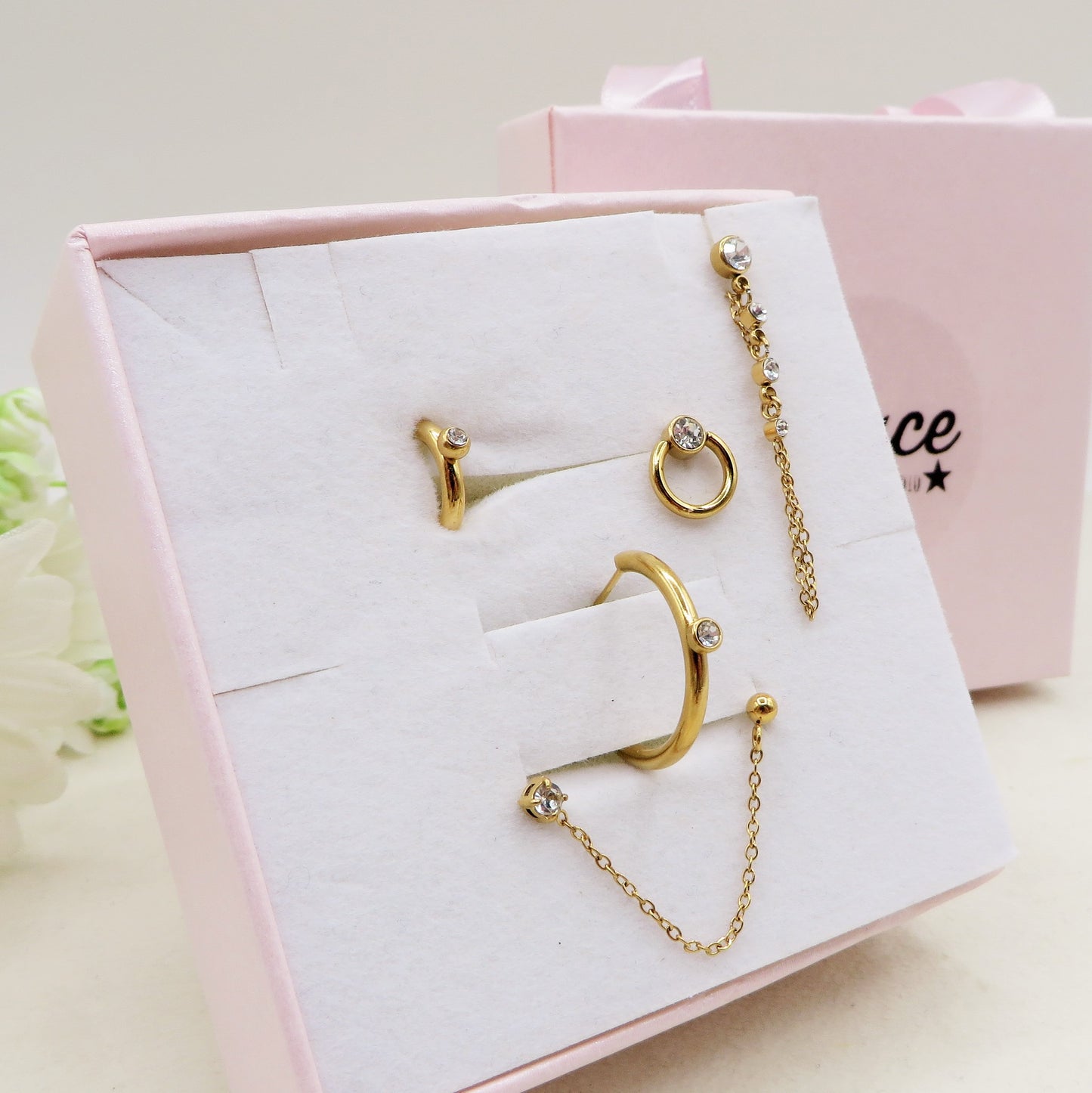 CHANDRA Set 6 orecchini - ACCIAIO INOSSIDABILE - 6 Orecchini, lobo hoops e saliscendi zirconati con cubic zirconia