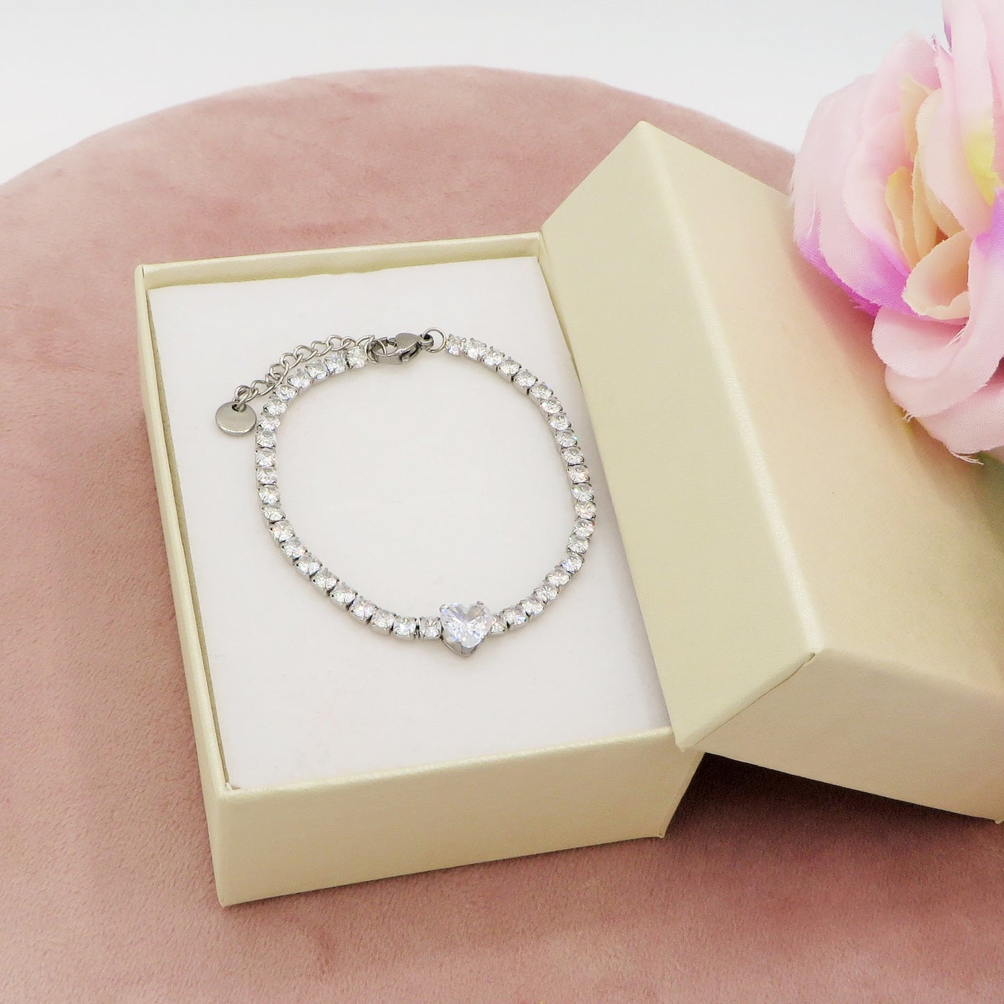 AURORA~ ACCIAIO INOSSIDABILE - Bracciale tennis in cubic zirconia con cuore centrale