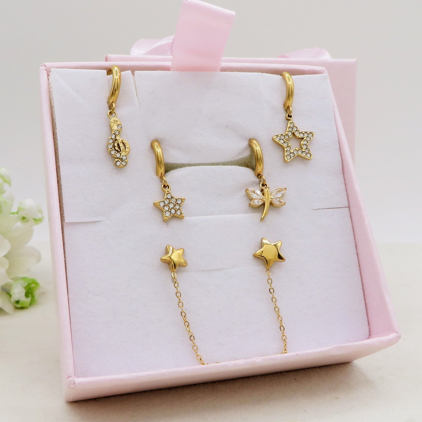 STARS Set 6 orecchini - ACCIAIO INOSSIDABILE - 6 Orecchini pendenti stelline zirconate con cubic zirconia