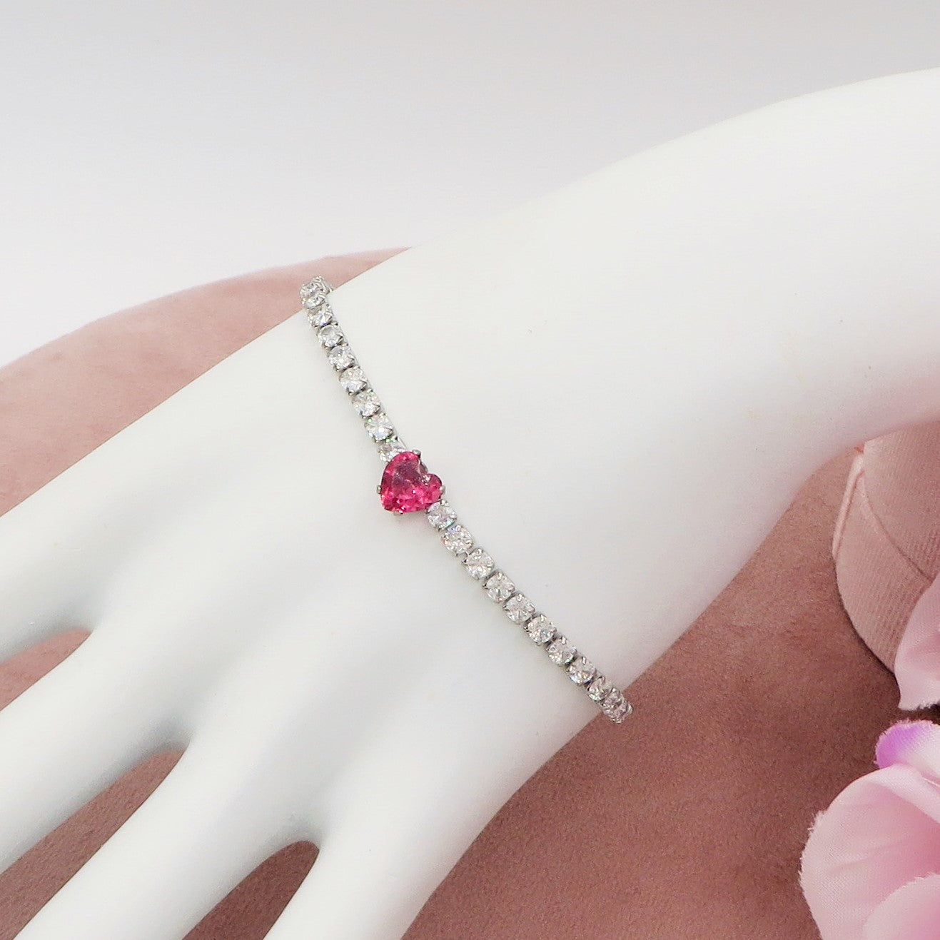 AURORA~ ACCIAIO INOSSIDABILE - Bracciale tennis in cubic zirconia con cuore centrale