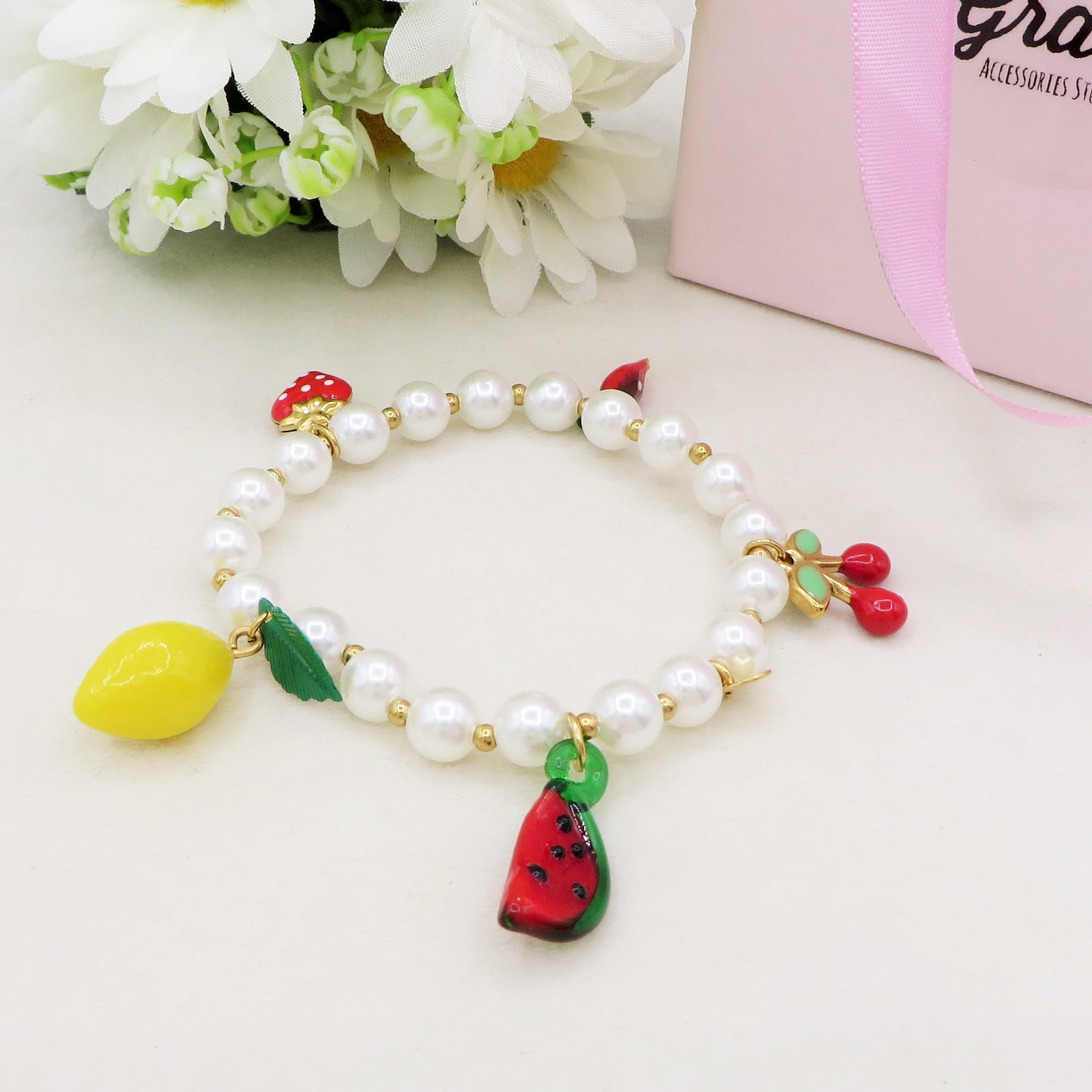 SUMMER IN ITALY PEARLS BRACELET - ACCIAIO inossidabile - Bracciale catena charms frutta estiva
