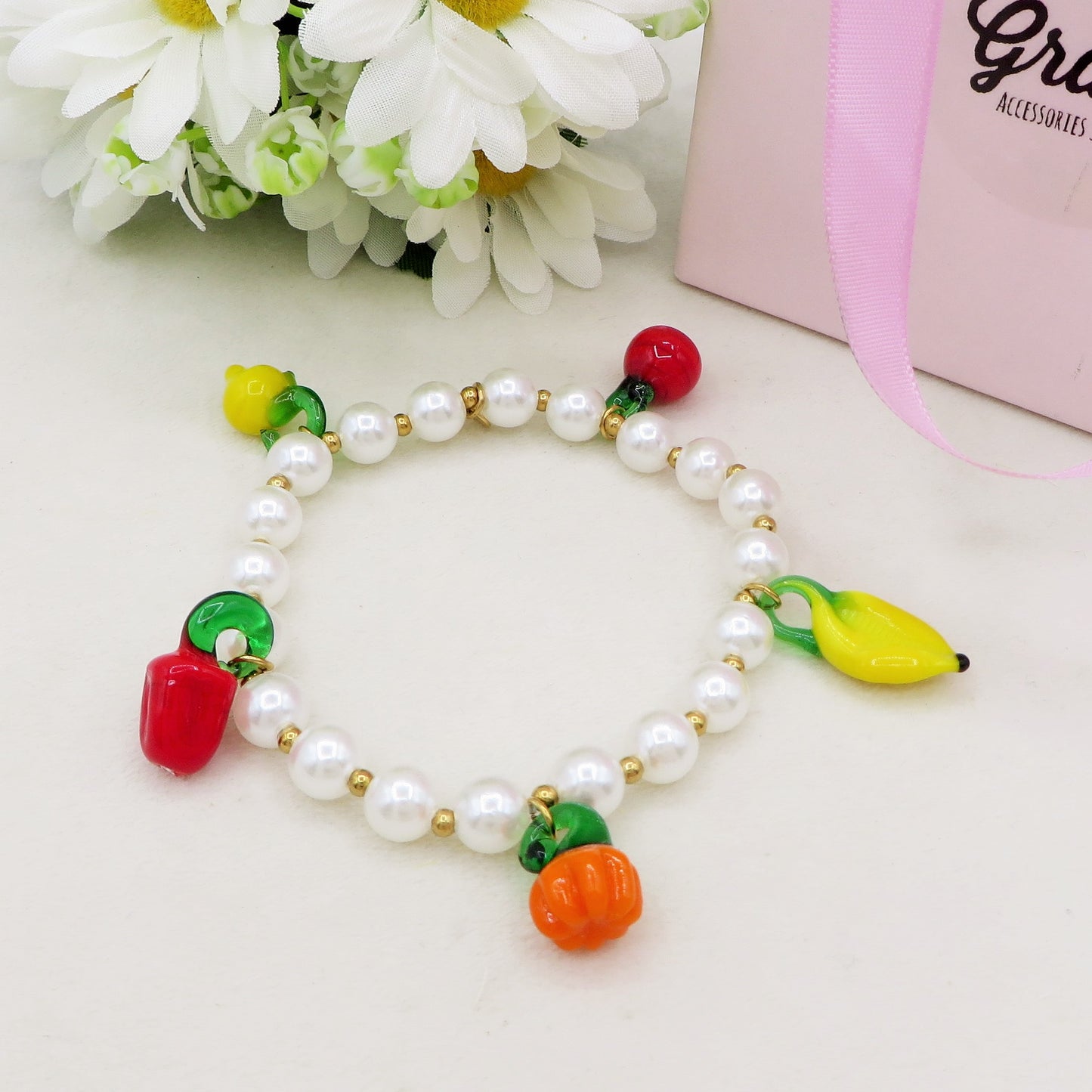 SUMMER IN ITALY PEARLS BRACELET - ACCIAIO inossidabile - Bracciale catena charms frutta estiva