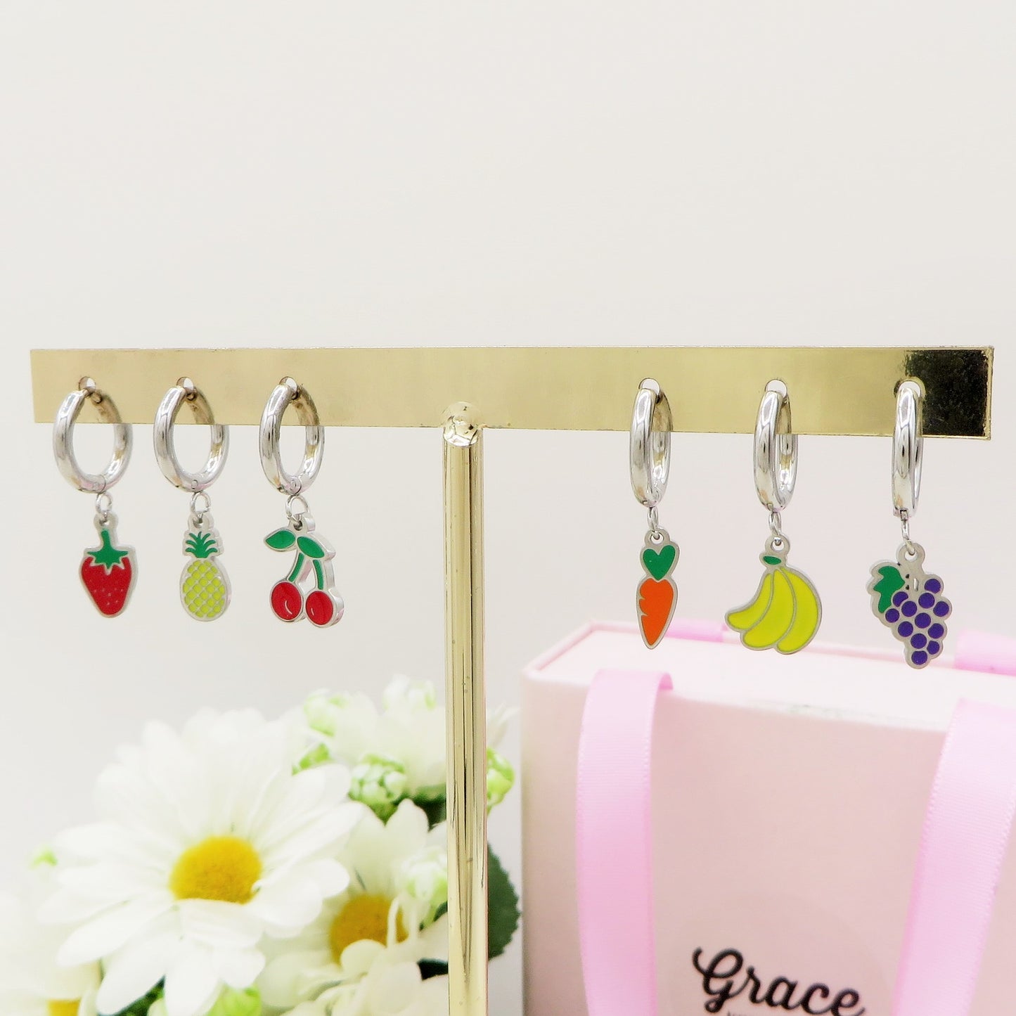 CUTE FRUITS Set 6 orecchini - ACCIAIO INOSSIDABILE - 6 Orecchini pendenti smaltati