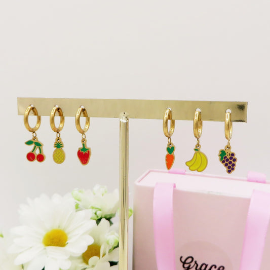 CUTE FRUITS Set 6 orecchini - ACCIAIO INOSSIDABILE - 6 Orecchini pendenti smaltati