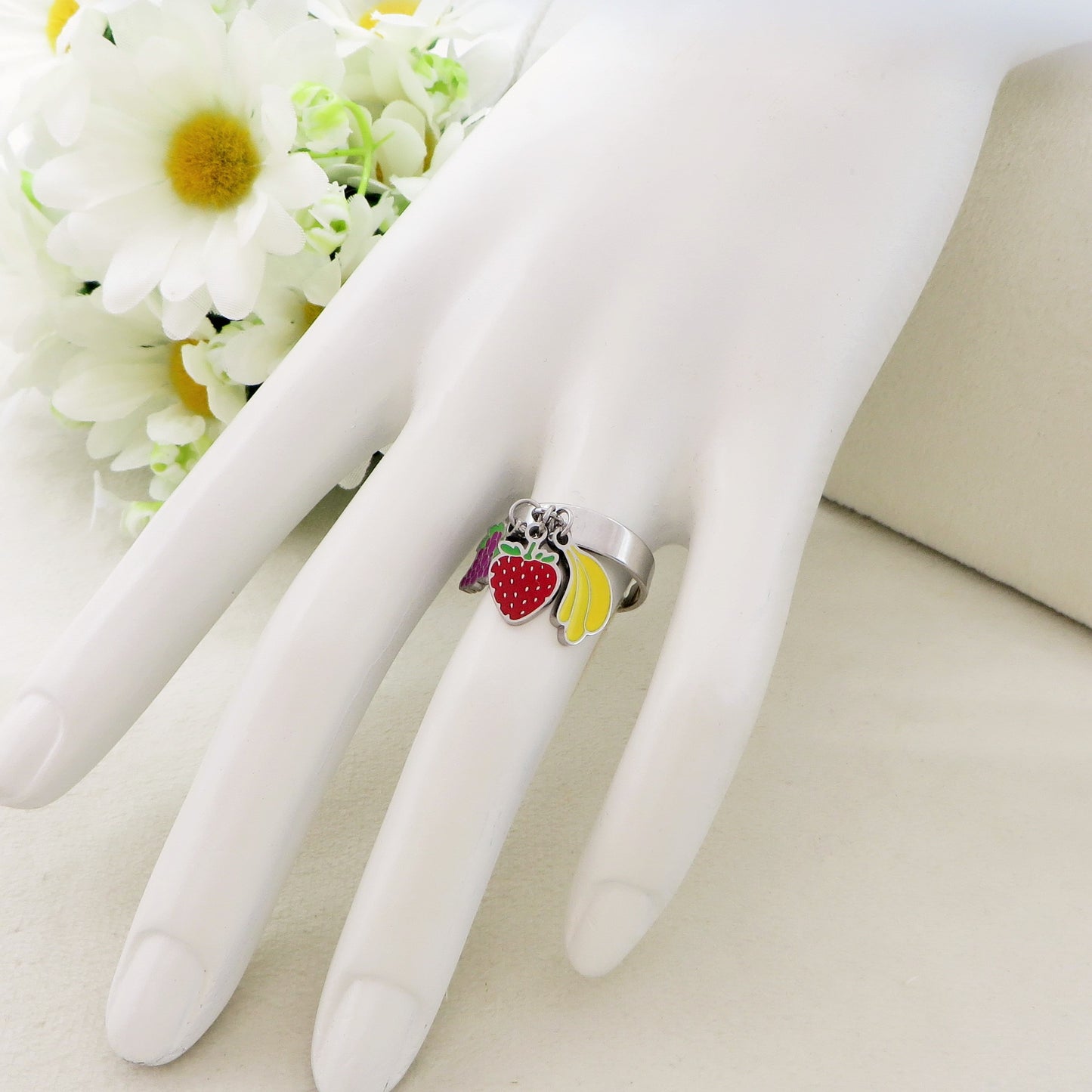 CUTE FRUITS ~ Anello regolabile in ACCIAIO INOSSIDABILE con pendenti frutta smaltata