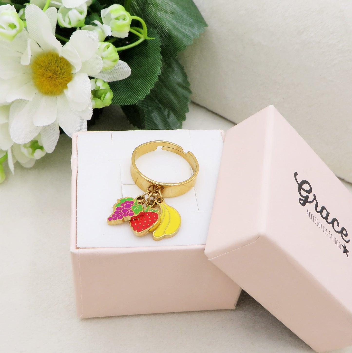 CUTE FRUITS ~ Anello regolabile in ACCIAIO INOSSIDABILE con pendenti frutta smaltata