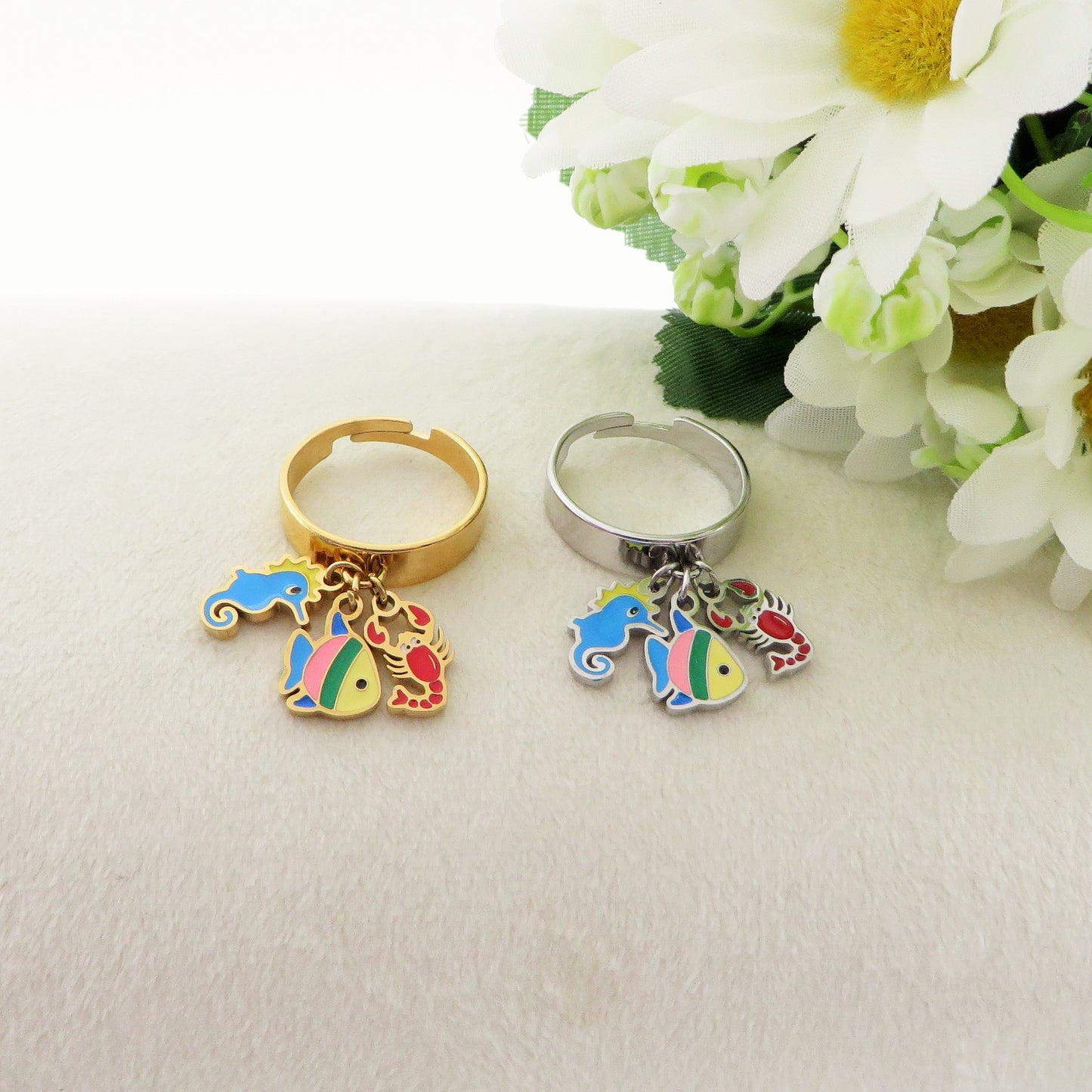 POLINESIA ~ Anello regolabile in ACCIAIO INOSSIDABILE con pendenti marini smaltati