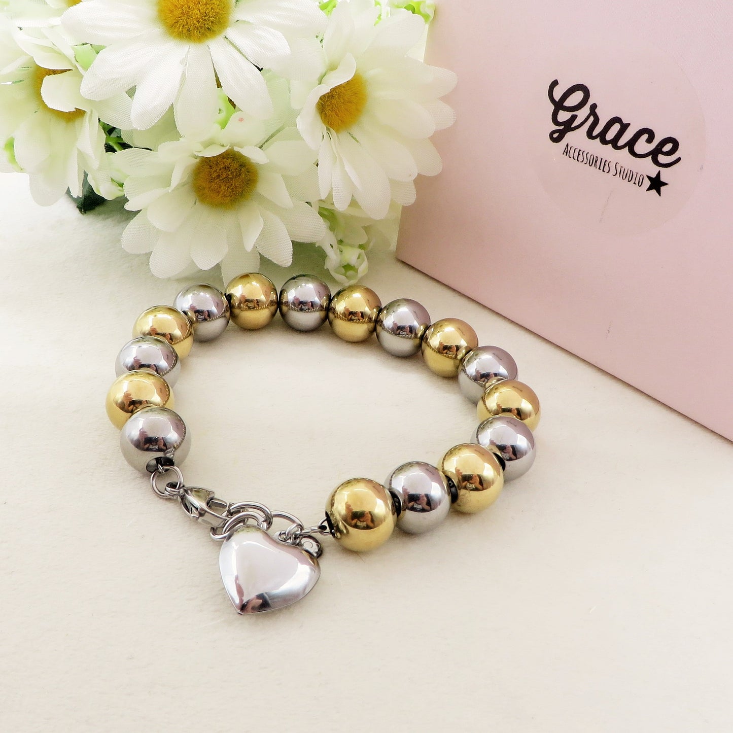 JOSIE Heart 2 ORI chiama angeli Bracciale ~ Bracciale in ACCIAIO INOSSIDABILE con cuore bombè