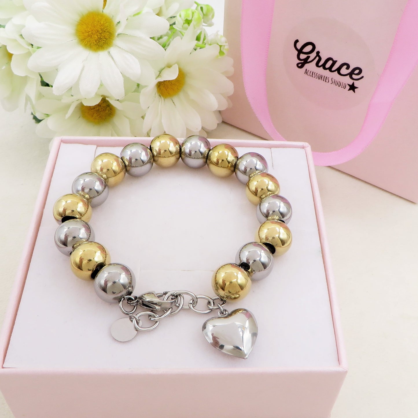 JOSIE Heart 2 ORI chiama angeli Bracciale ~ Bracciale in ACCIAIO INOSSIDABILE con cuore bombè