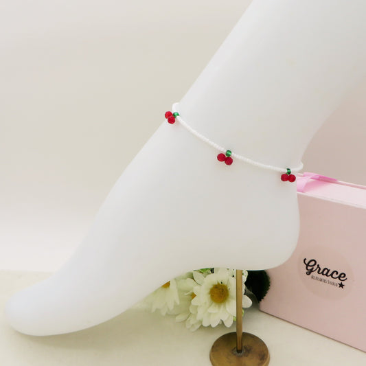 CHERRIES ~ Cavigliera CILIEGIE + perline cristallo + ACCIAIO INOSSIDABILE